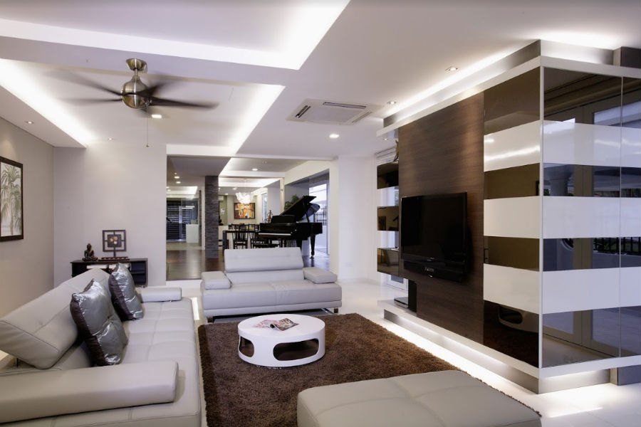Open living room with white sofa and timber floor, Leng Kong landed house